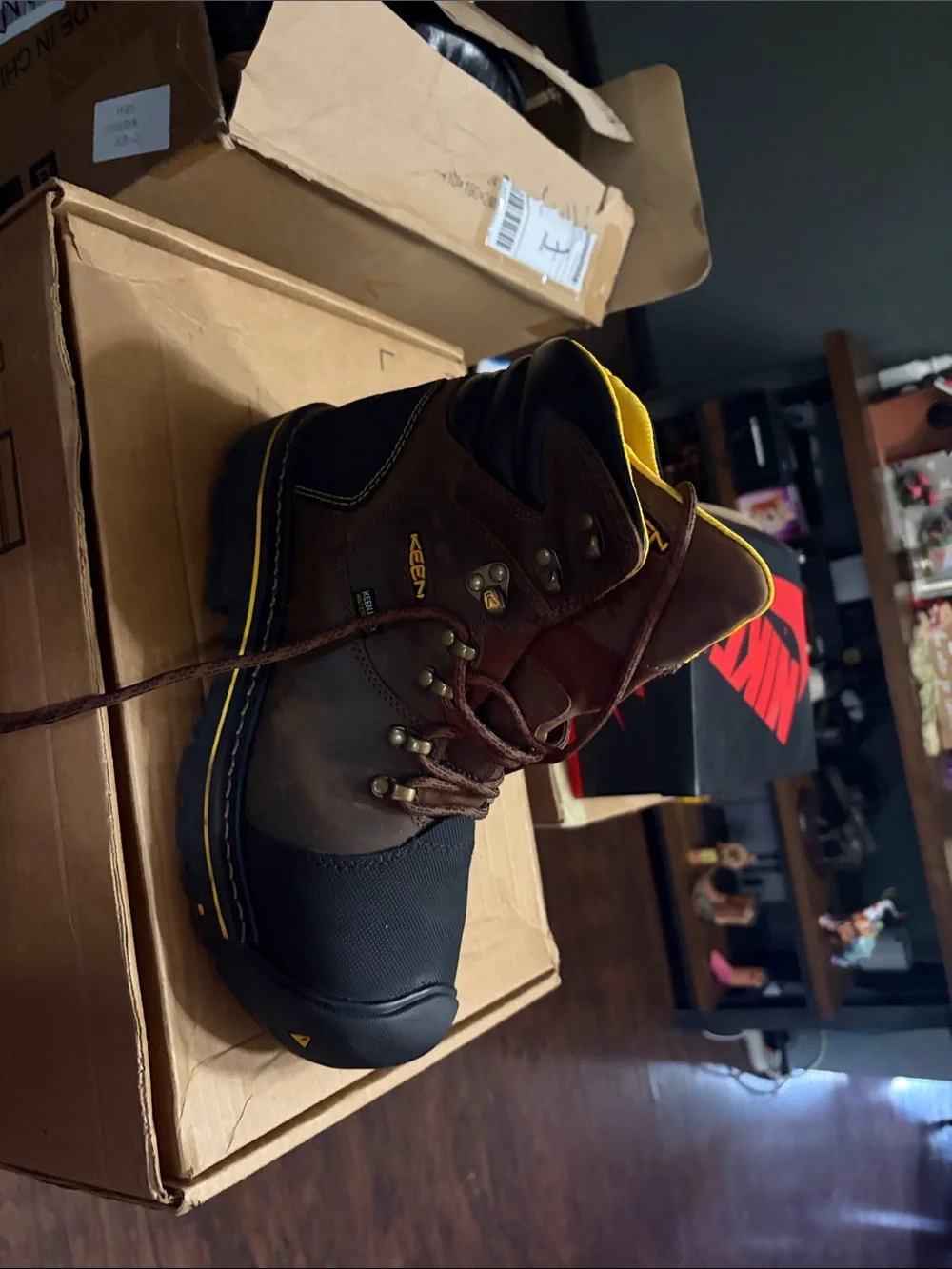Keen Brown and Black Work Boot with Yellow Trim